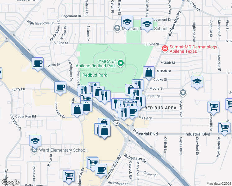map of restaurants, bars, coffee shops, grocery stores, and more near 3043 Curry Lane in Abilene