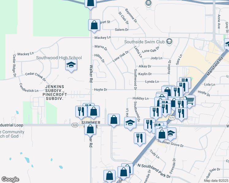map of restaurants, bars, coffee shops, grocery stores, and more near 3001 Hoyte Drive in Shreveport