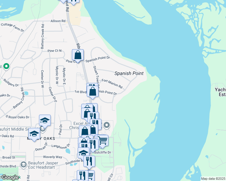 map of restaurants, bars, coffee shops, grocery stores, and more near 169 Spanish Point Drive in Beaufort