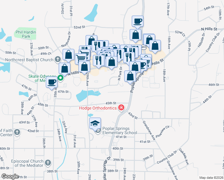map of restaurants, bars, coffee shops, grocery stores, and more near 2418 46th Street in Meridian