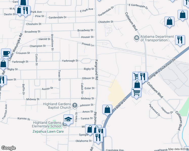 map of restaurants, bars, coffee shops, grocery stores, and more near 3303 Fairground Road in Montgomery