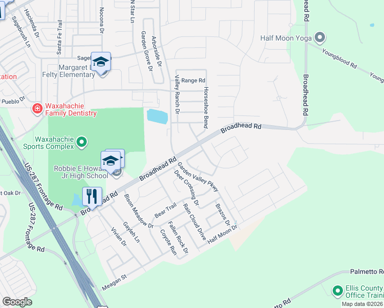 map of restaurants, bars, coffee shops, grocery stores, and more near 332 Adwood Drive in Waxahachie