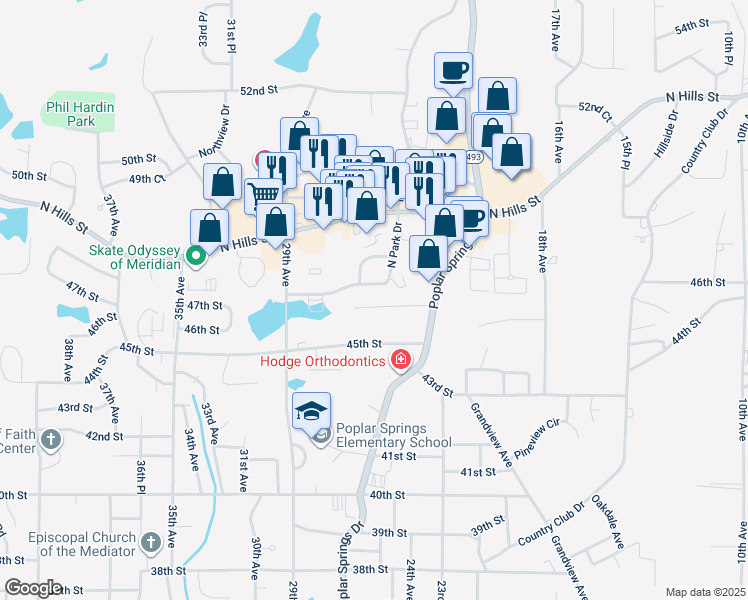 map of restaurants, bars, coffee shops, grocery stores, and more near 2418 46th Street in Meridian