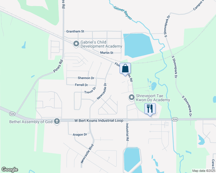 map of restaurants, bars, coffee shops, grocery stores, and more near 9049 Newcastle Drive in Shreveport
