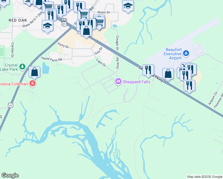map of restaurants, bars, coffee shops, grocery stores, and more near 152 Palmetto Breeze Circle in Beaufort