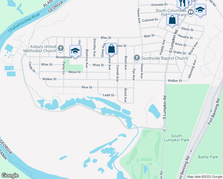 map of restaurants, bars, coffee shops, grocery stores, and more near 2806 Rice Street in Columbus
