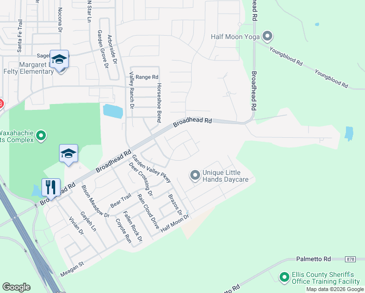 map of restaurants, bars, coffee shops, grocery stores, and more near 380 Boone Drive in Waxahachie