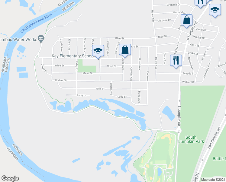 map of restaurants, bars, coffee shops, grocery stores, and more near 2702 Rice Street in Columbus