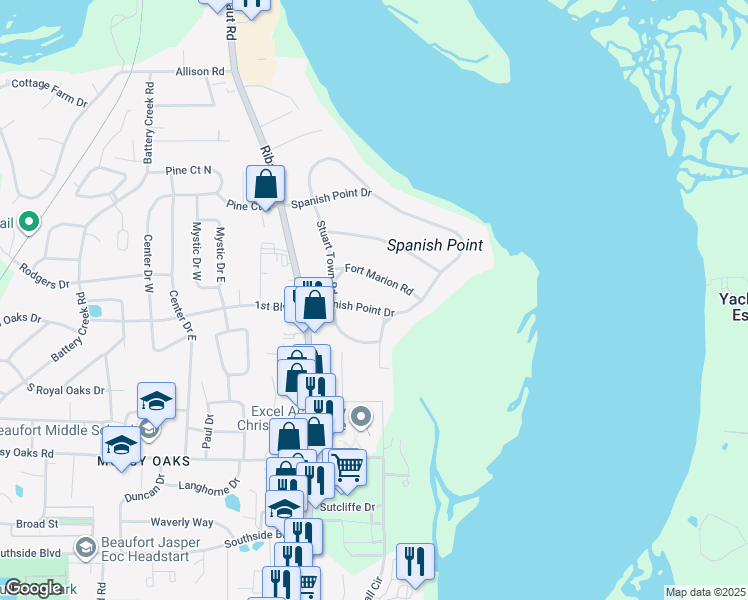map of restaurants, bars, coffee shops, grocery stores, and more near 169 Spanish Point Drive in Beaufort