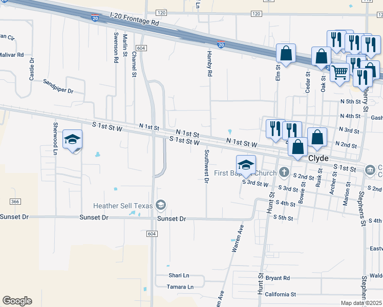 map of restaurants, bars, coffee shops, grocery stores, and more near 204 Southwest Drive in Clyde