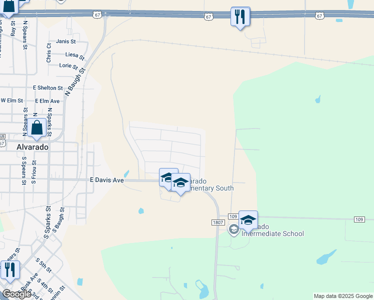 map of restaurants, bars, coffee shops, grocery stores, and more near 1125 Snowy Owl Drive in Alvarado