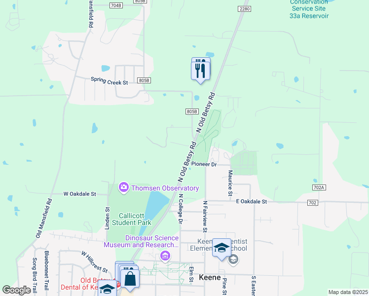 map of restaurants, bars, coffee shops, grocery stores, and more near 702 North Old Betsy Road in Cleburne