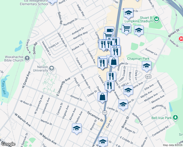 map of restaurants, bars, coffee shops, grocery stores, and more near 210 Greenbrier Street in Waxahachie