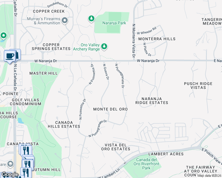 map of restaurants, bars, coffee shops, grocery stores, and more near 10990 North Guava Drive in Tucson