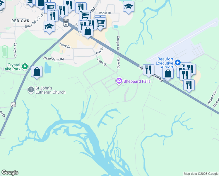 map of restaurants, bars, coffee shops, grocery stores, and more near 152 Palmetto Breeze Circle in Beaufort