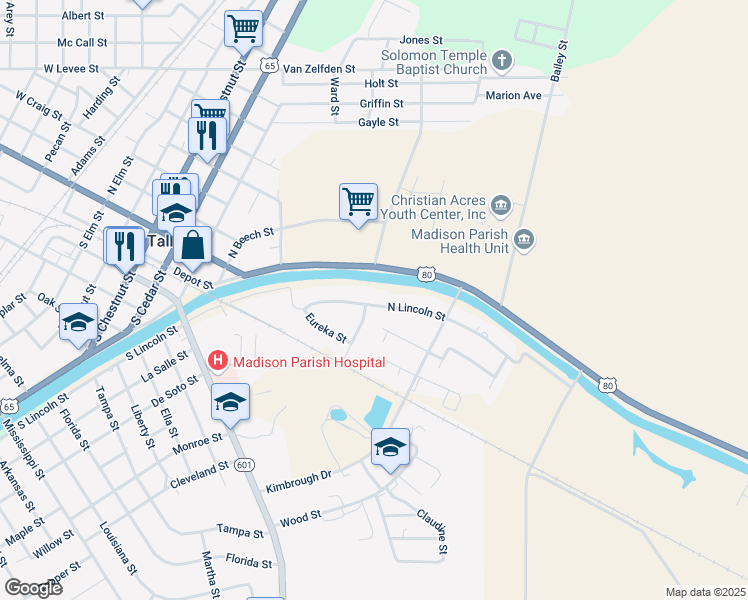 map of restaurants, bars, coffee shops, grocery stores, and more near 362-398 North Lincoln Street in Tallulah