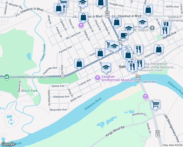 map of restaurants, bars, coffee shops, grocery stores, and more near Selma Avenue in Selma
