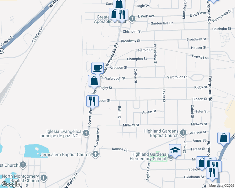 map of restaurants, bars, coffee shops, grocery stores, and more near 3214 Cloud Street in Montgomery