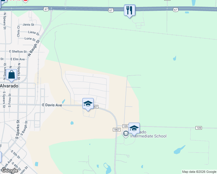 map of restaurants, bars, coffee shops, grocery stores, and more near 237 White Tail Lane in Alvarado