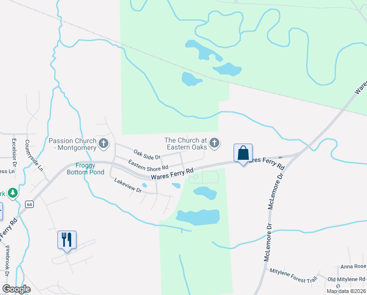 map of restaurants, bars, coffee shops, grocery stores, and more near 7108 Oak Side Drive in Montgomery