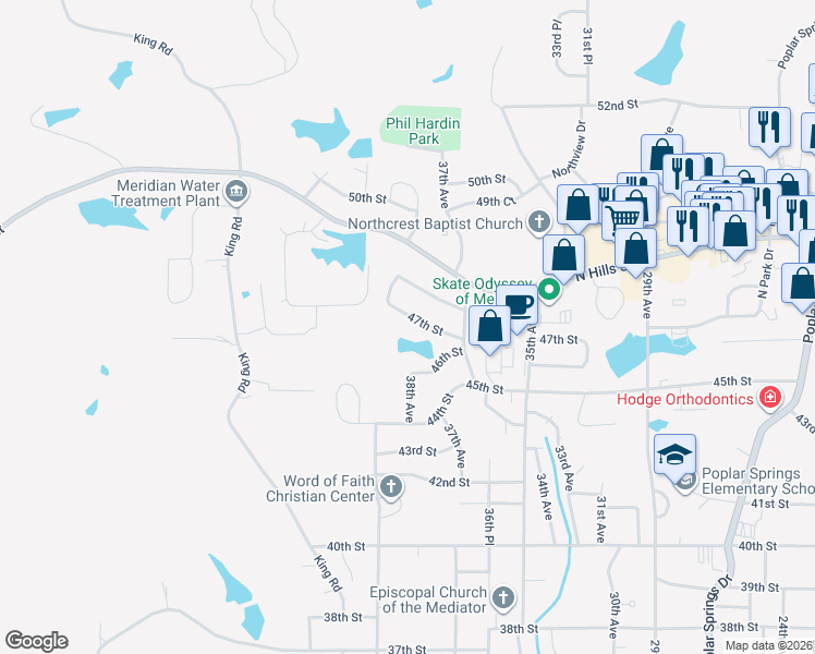 map of restaurants, bars, coffee shops, grocery stores, and more near 3723 47th Street in Meridian