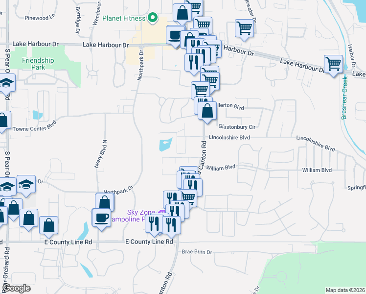 map of restaurants, bars, coffee shops, grocery stores, and more near Old Canton Square in Ridgeland