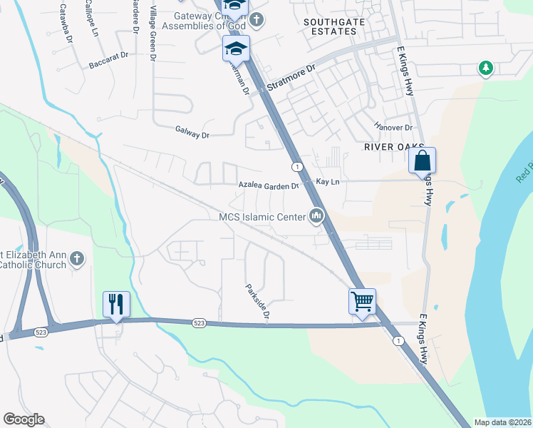 map of restaurants, bars, coffee shops, grocery stores, and more near 849 King Place in Shreveport