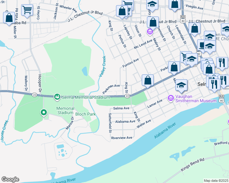 map of restaurants, bars, coffee shops, grocery stores, and more near 15-19 Dallas Avenue in Selma
