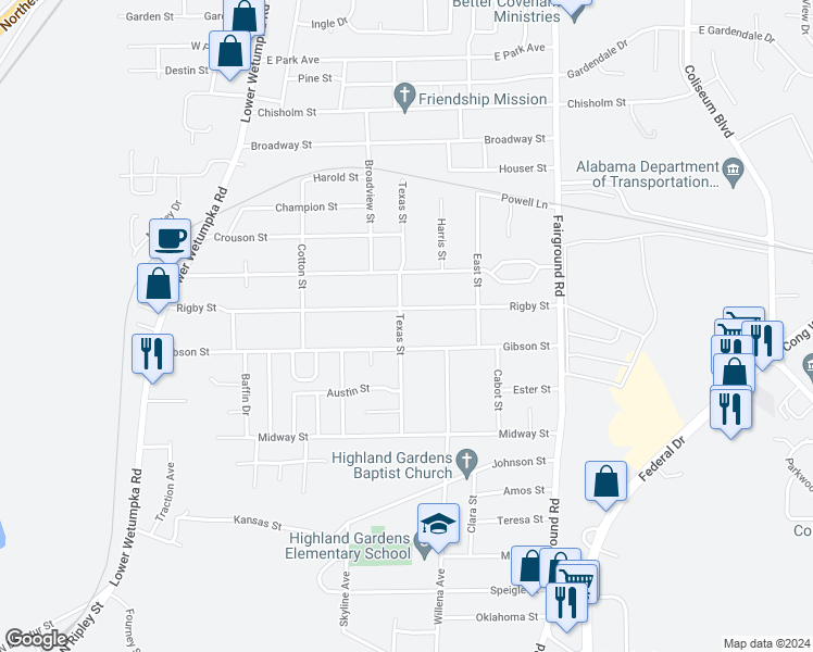 map of restaurants, bars, coffee shops, grocery stores, and more near 3122 Texas Street in Montgomery