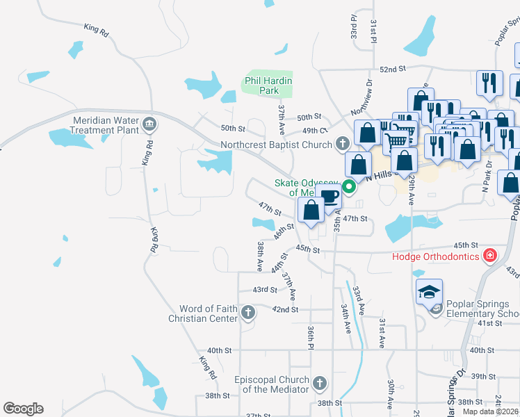 map of restaurants, bars, coffee shops, grocery stores, and more near 3723 47th Street in Meridian