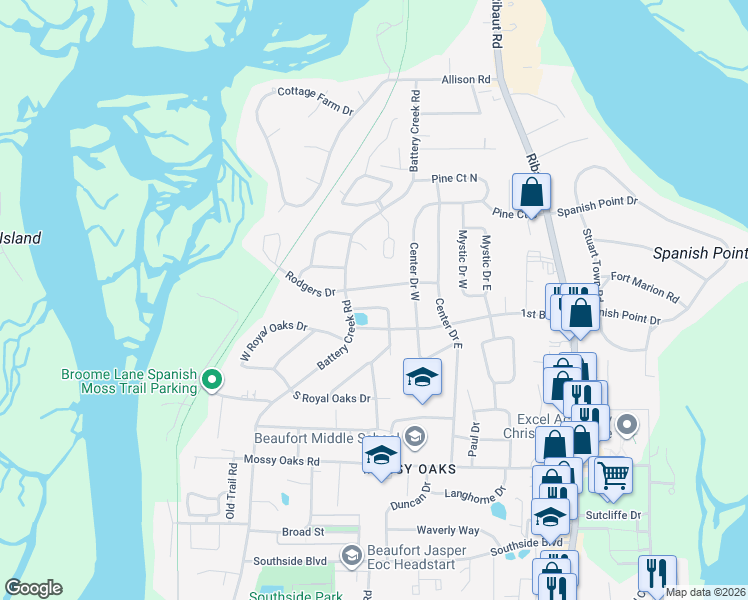 map of restaurants, bars, coffee shops, grocery stores, and more near 717 State Road S-7-410 in Beaufort