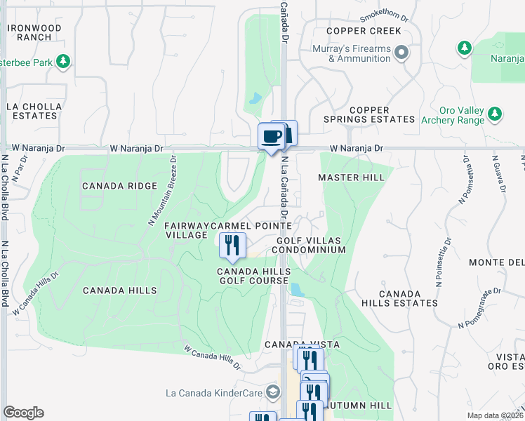 map of restaurants, bars, coffee shops, grocery stores, and more near 1442 West Cathedral Way in Oro Valley