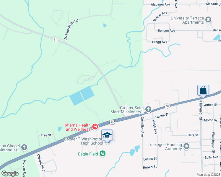 map of restaurants, bars, coffee shops, grocery stores, and more near 100 Pleasant Springs Drive in Tuskegee