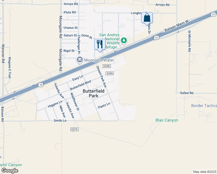 map of restaurants, bars, coffee shops, grocery stores, and more near 9726-9998 Missile Lane in Las Cruces