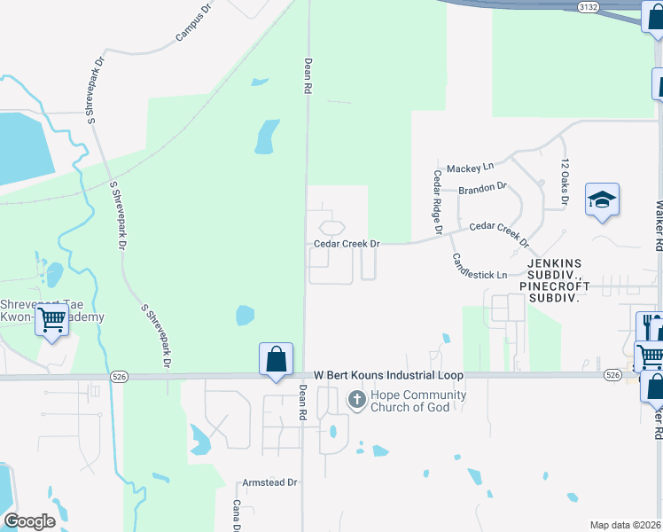 map of restaurants, bars, coffee shops, grocery stores, and more near 3555 Cedar Creek Drive in Shreveport
