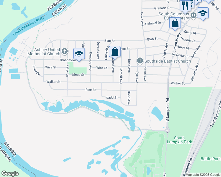 map of restaurants, bars, coffee shops, grocery stores, and more near 2705 Ladd Street in Columbus