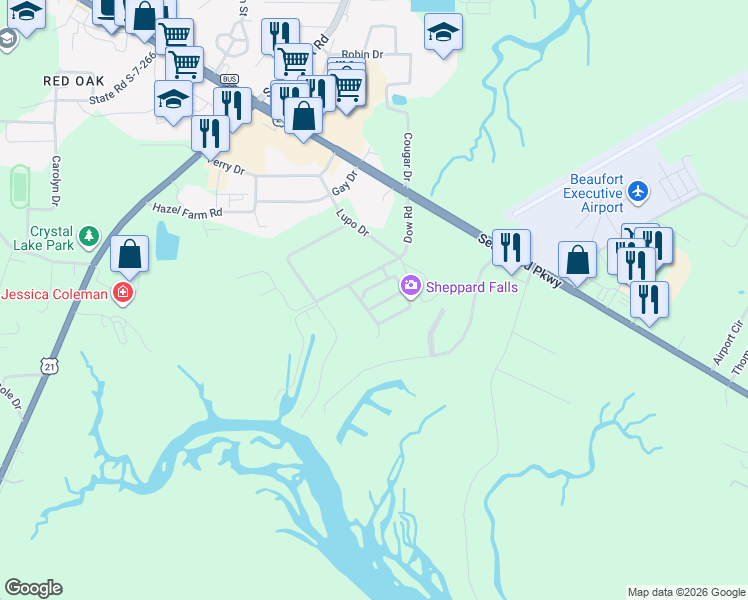 map of restaurants, bars, coffee shops, grocery stores, and more near 152 Palmetto Breeze Circle in Beaufort