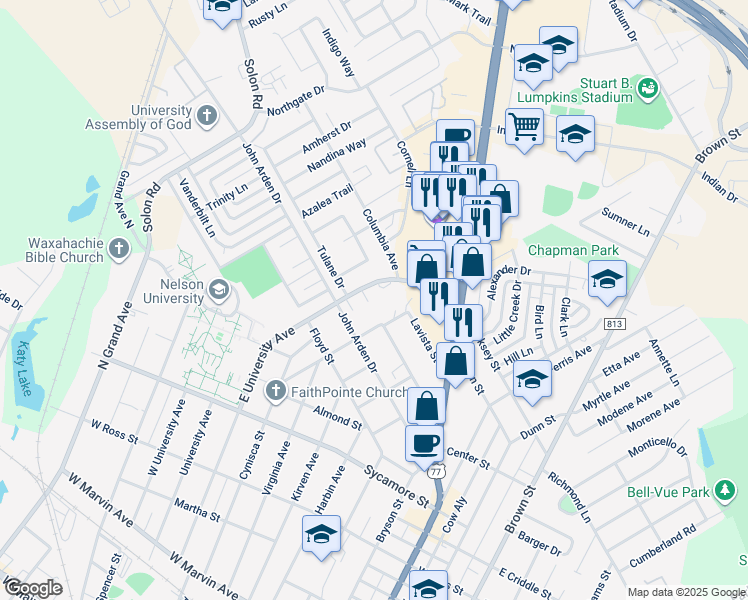 map of restaurants, bars, coffee shops, grocery stores, and more near 400 Lantana Terrace in Waxahachie