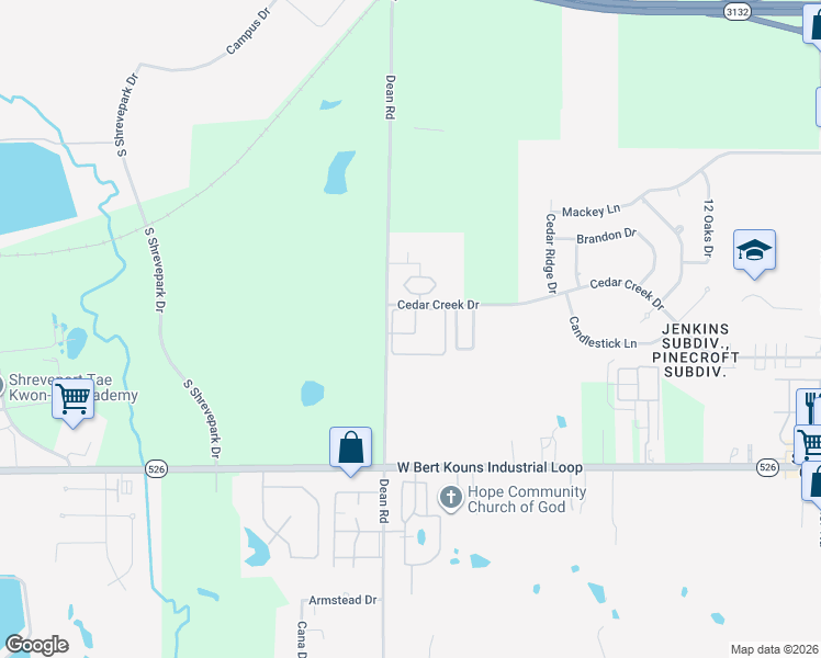map of restaurants, bars, coffee shops, grocery stores, and more near 3555 Cedar Creek Drive in Shreveport