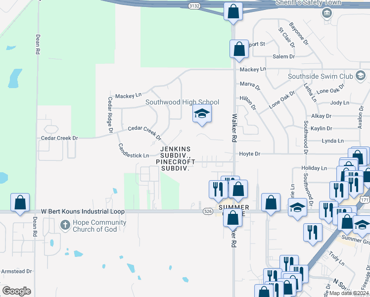 map of restaurants, bars, coffee shops, grocery stores, and more near 9003 Cedar Creek Circle in Shreveport