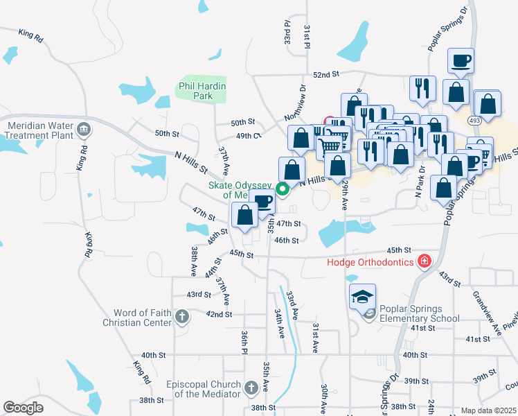 map of restaurants, bars, coffee shops, grocery stores, and more near 4555 35th Avenue in Meridian