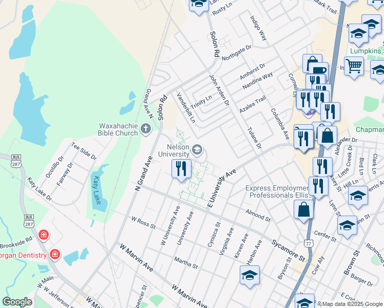 map of restaurants, bars, coffee shops, grocery stores, and more near 1200 Sycamore Street in Waxahachie