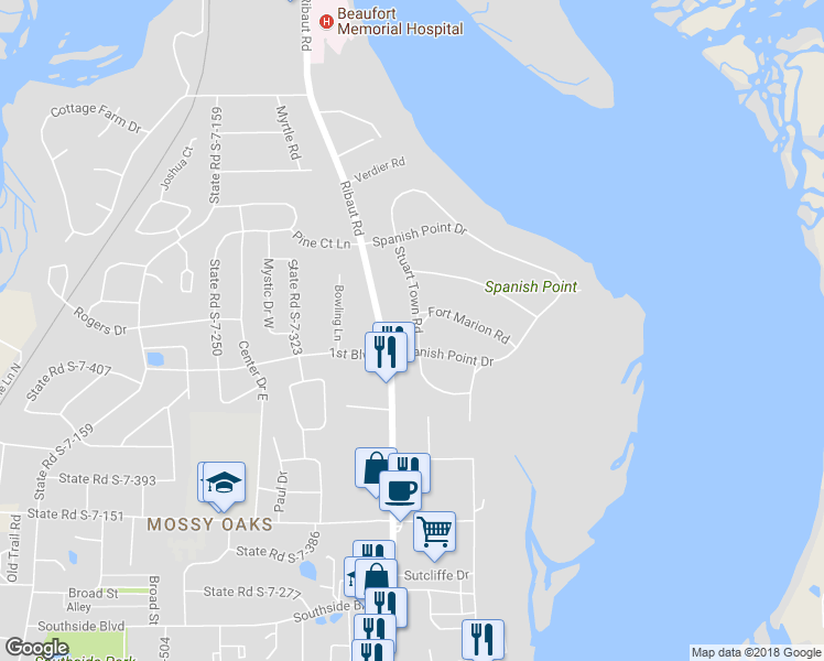 map of restaurants, bars, coffee shops, grocery stores, and more near 119 Stuart Town Road in Beaufort