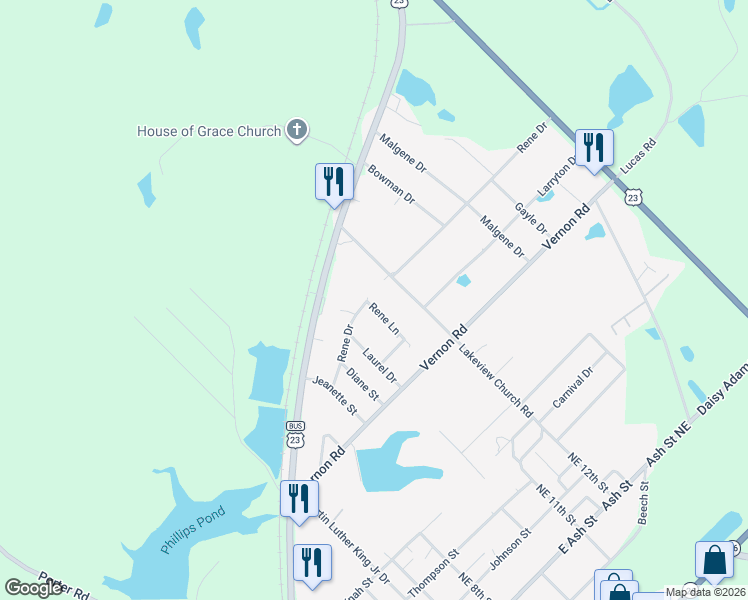 map of restaurants, bars, coffee shops, grocery stores, and more near 203 Lakeview Church Road in Cochran