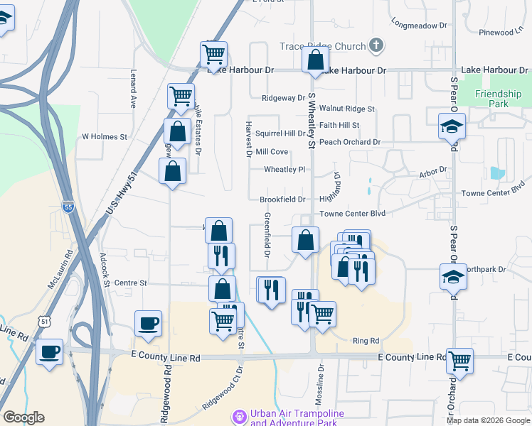 map of restaurants, bars, coffee shops, grocery stores, and more near 695 Greenfield Drive in Ridgeland