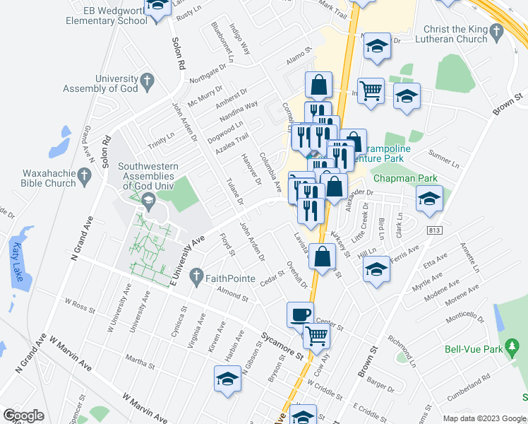 map of restaurants, bars, coffee shops, grocery stores, and more near 402 Lantana Terrace in Waxahachie