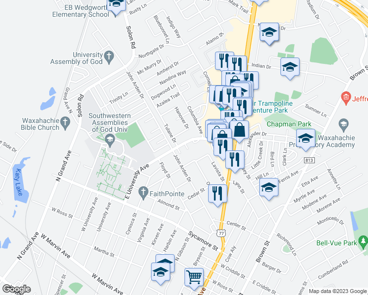 map of restaurants, bars, coffee shops, grocery stores, and more near 407 Lantana Terrace in Waxahachie