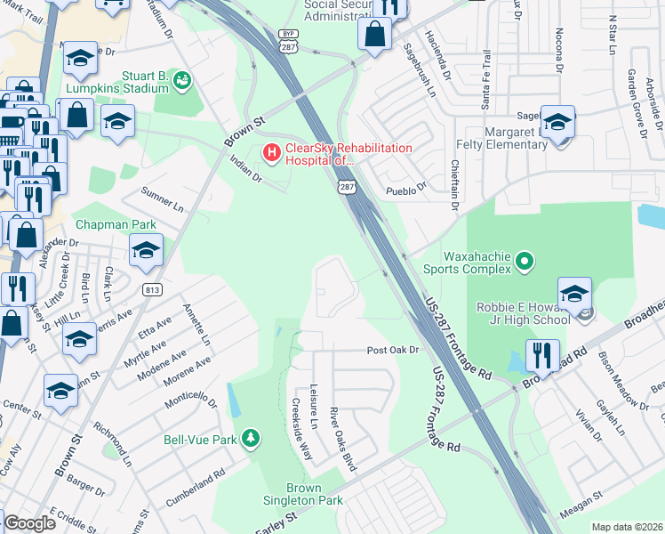 map of restaurants, bars, coffee shops, grocery stores, and more near 110 Shepherds Hill Road in Waxahachie