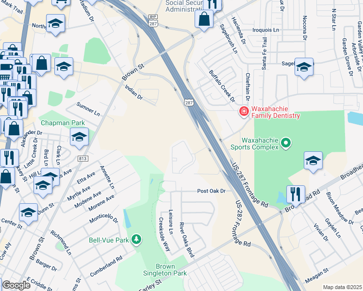 map of restaurants, bars, coffee shops, grocery stores, and more near 114 Shepherds Hill Road in Waxahachie