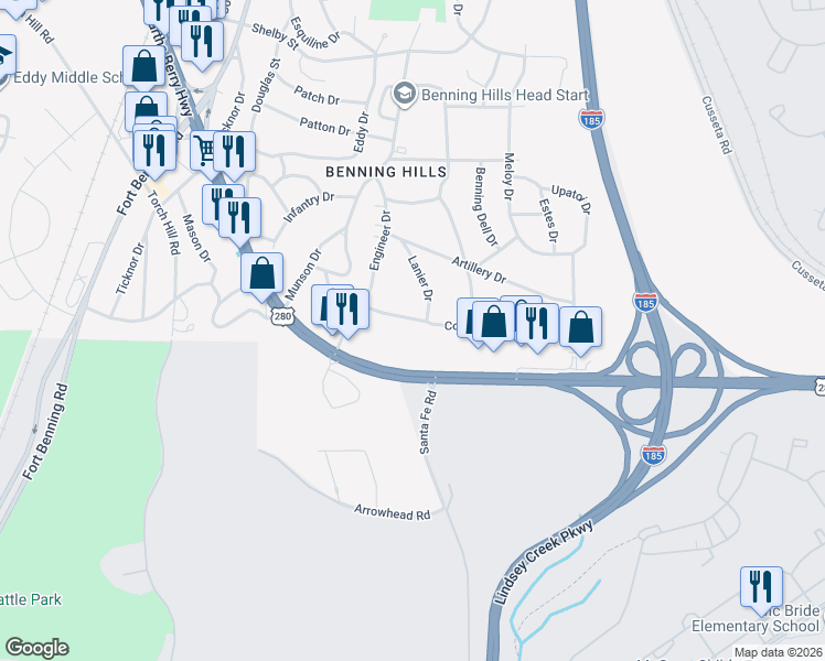 map of restaurants, bars, coffee shops, grocery stores, and more near 160 Collins Drive in Columbus